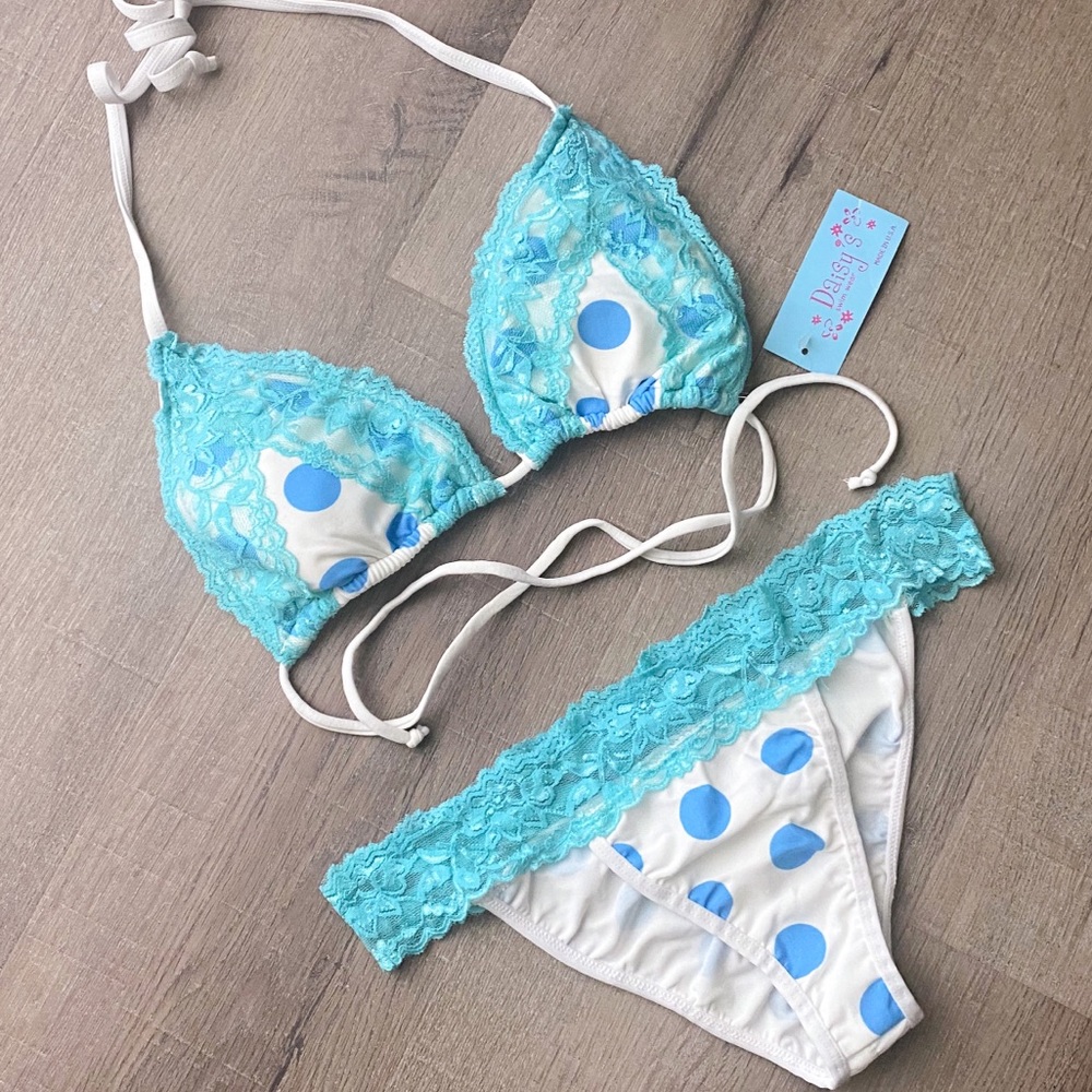 NWT Blue Lace White Polka Dot Bikini